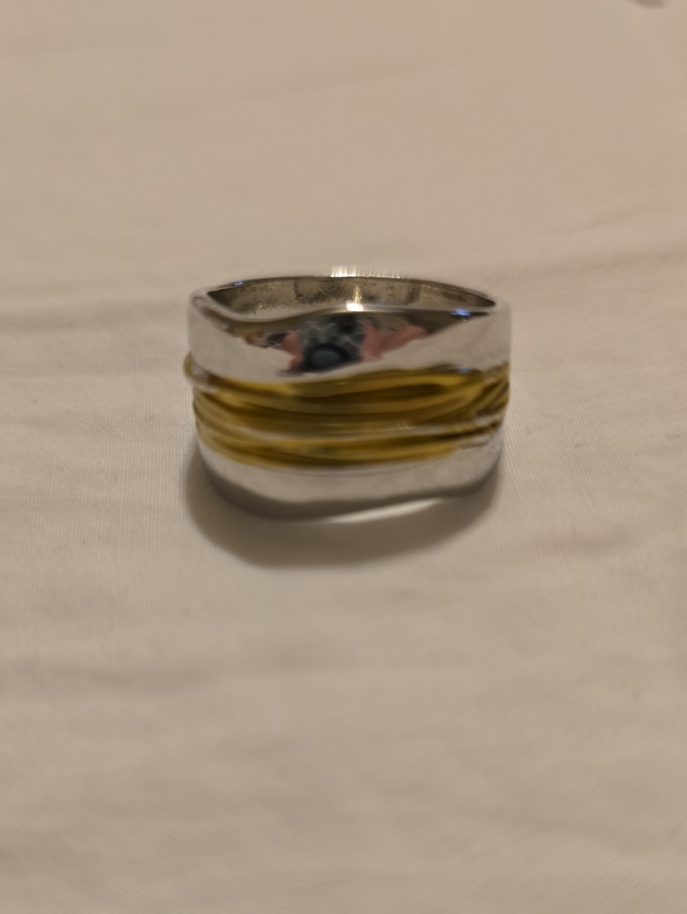 Sterling Silver Tone Ring with Gold Accent Band - Women's Fashion
